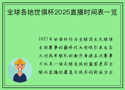 全球各地世俱杯2025直播时间表一览