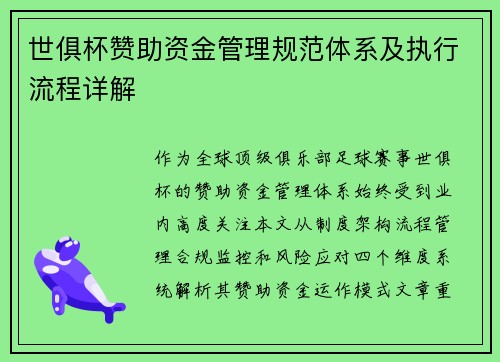 世俱杯赞助资金管理规范体系及执行流程详解